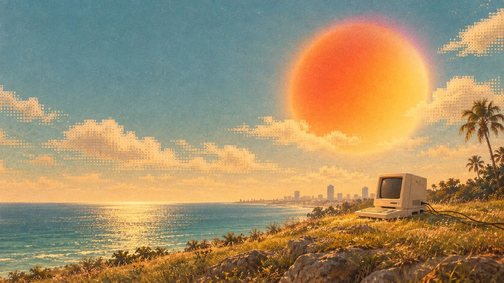 Painting of an old computer on a grassy hill above the sea, with the Miami skyline and a large orange sun.