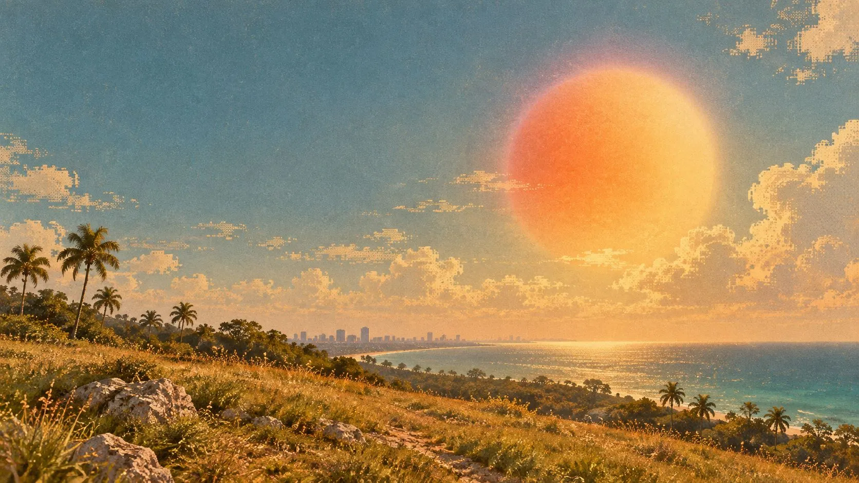 Painting of a grassy hill above the sea at golden hour, with palm trees and the Miami skyline in the distance.