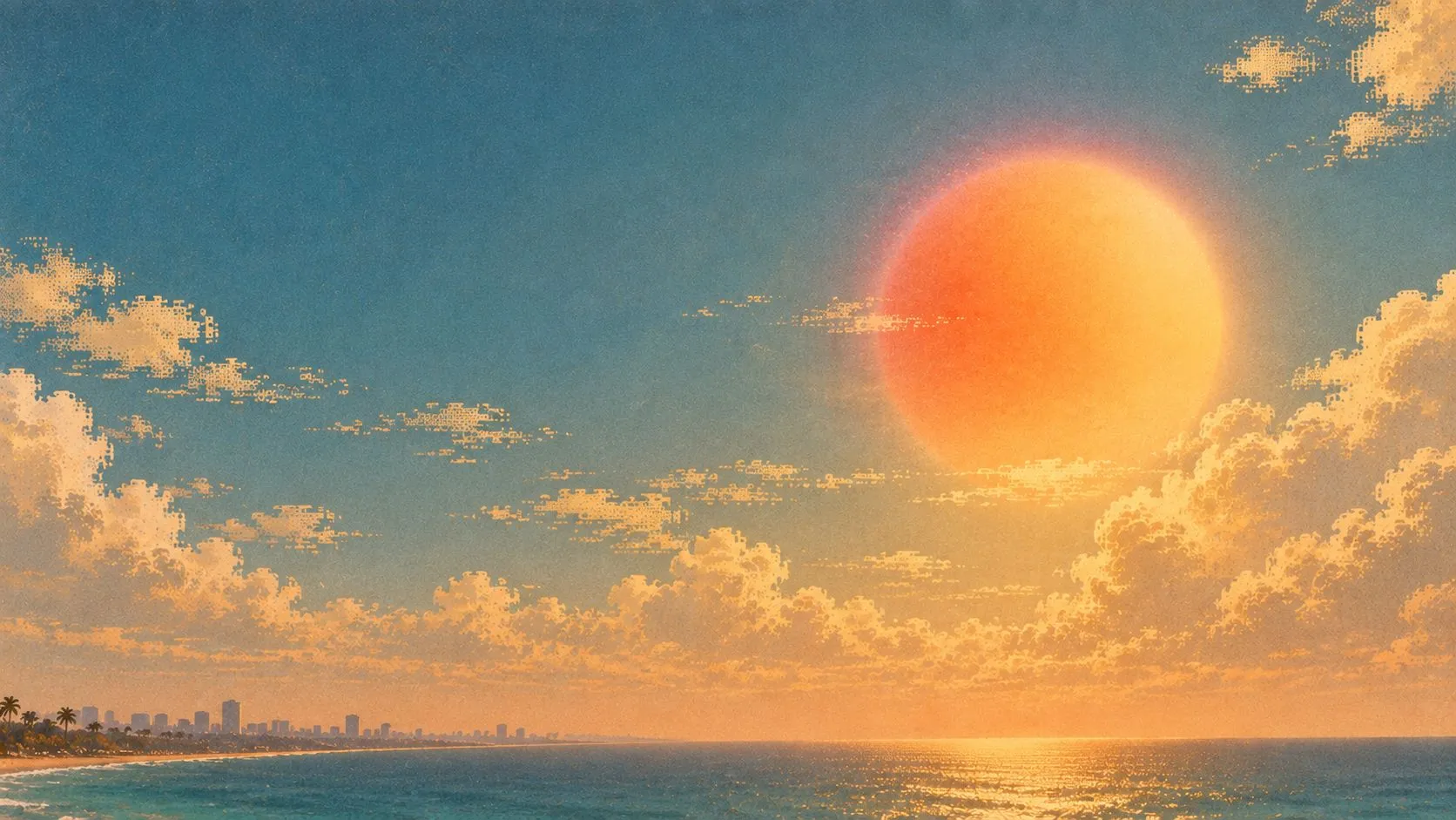 Painted sunset over the sea with a large orange sun, pixelated clouds and a distant skyline.