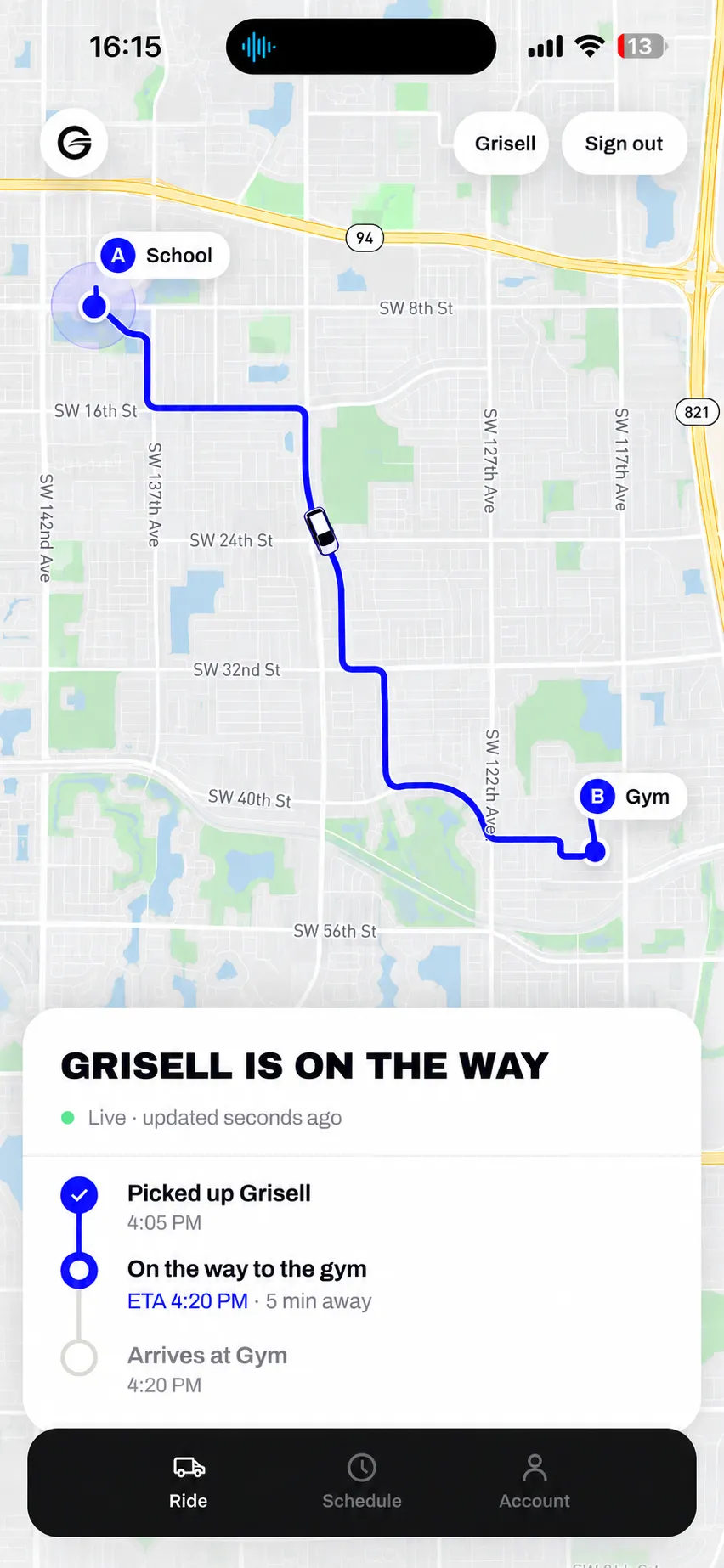 Van Tracker on a parent's phone: a live map of the van's route from the school to the gym, with the message 'on the way' and an arrival time of 4:20 PM.